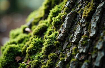 Close-up of moss growing on tree bark highlighting natural textures and vibrant green colors