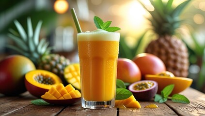 Ultra-realistic close-up of a vibrant orange mango juice in a clear glass with frothy top, bamboo straw, and mint garnish, surrounded by fresh tropical fruits on rustic wood, sunlit café background