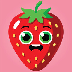 Obraz premium Surprised Red Strawberry Cartoon Character with Wide Green Eyes and Open Mouth on Pink Background