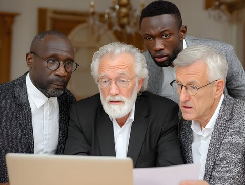 Four diverse business partners review important documents and work together using a laptop computer indoors.