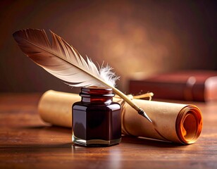 a black and white illustration of a scroll of paper with a quill pen resting on top of it. Old document writing tool feather pen on paper for message.
