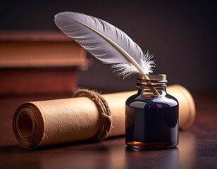 a black and white illustration of a scroll of paper with a quill pen resting on top of it. Old document writing tool a single feather quill for vintage style note.