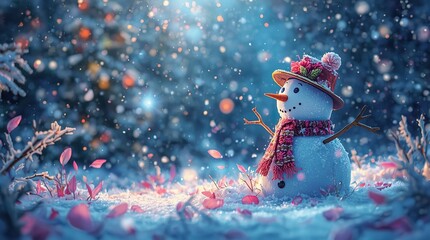 Dreamy holiday night watercolor of a snowman with splashes and drips, magical snowy weather, vivid festive colors, fairy tale charm, artistic leaf and petal effects, ultra-detailed 8K winter art