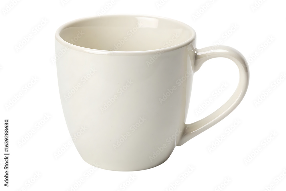 Poster a simple white ceramic mug with a handle sits on a plain background in a studio setting, centered cr