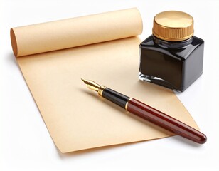 a black and white illustration of a scroll of paper with a quill pen resting on top of it. Old document writing tool vintage paper feather pen for letter antique style.