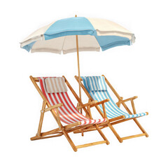 Two wooden beach chairs with umbrella on white background