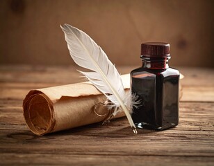 a black and white illustration of a scroll of paper with a quill pen resting on top of it. Old document writing tool vintage paper feather pen for letter antique style.