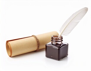 a black and white illustration of a scroll of paper with a quill pen resting on top of it. Old document writing tool antique paper sheet feather pen for letter.