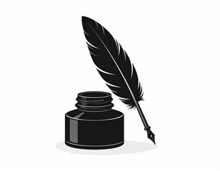 a black and white illustration of a scroll of paper with a quill pen resting on top of it. Old document writing tool antique feather for letter vintage paper roll.