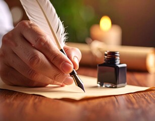 a black and white illustration of a scroll of paper with a quill pen resting on top of it. Old document writing tool vintage paper antique feather pen for letter.