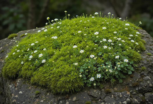 Green moss and tiny white flowers growing on rock 3:2 3000x2000