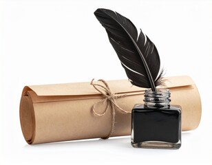 a black and white illustration of a scroll of paper with a quill pen resting on top of it. Vintage document writing tool antique paper roll graphic old style letter quill.