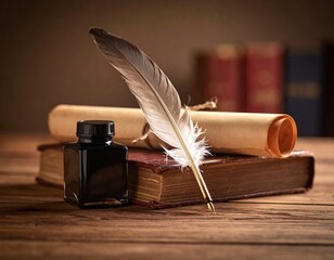 a black and white illustration of a scroll of paper with a quill pen resting on top of it. Vintage document writing tool ancient parchment with feather for calligraphy antique paper roll.