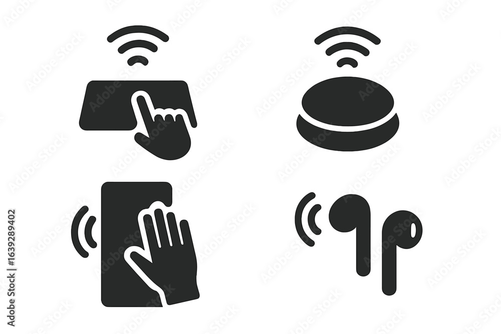Poster modern technology icons representing wireless communication and smart devices in a minimalist style