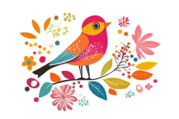 Colorful bird perched on a branch surrounded by vibrant floral designs in a flat geometric and linear style