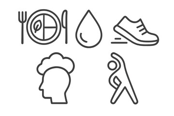 Icons representing a healthy lifestyle with food, hydration, exercise, and mindfulness practices in a balanced routine