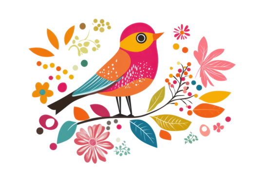 Colorful bird perched on a branch surrounded by vibrant floral designs in a flat geometric and linear style