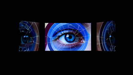 Close up blue eye with digital grid overlay and side views