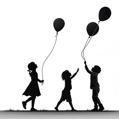 Silhouettes of Children Holding Balloons and Playing Together – Joyful Childhood and Friendship Concept