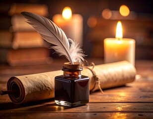Antique ink bottles with cork stoppers and feather quill pen on rustic wooden table evoking classic calligraphy and vintage writing charm. Old ink container wood desk bird feather write