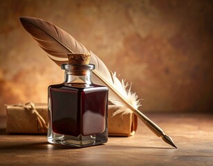 Antique ink bottles with cork stoppers and feather quill pen on rustic wooden table evoking classic calligraphy and vintage writing charm. Old ink container wood desk bird feather write