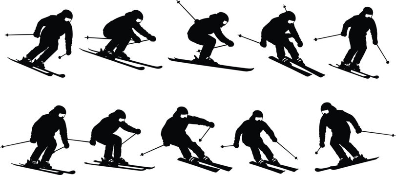 Vector silhouette set of skiers in motion, winter sports activity, downhill skiing poses, black icons for extreme sport, snow adventure, athlete design elements