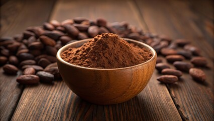 Cocoa powder in a wooden bowl surrounded by raw cocoa beans on wooden table, rich chocolate aroma, organic ingredient, natural food concept, artisanal culinary scene