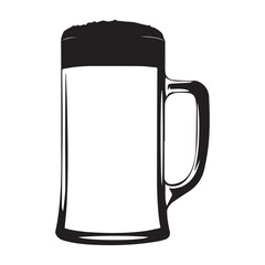 Illustration of a pint glass with foam on top and a handle in black and white vector format