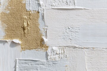 Closeup of textured white and gold abstract art showcasing rough brush strokes and layered application for a unique visual experience