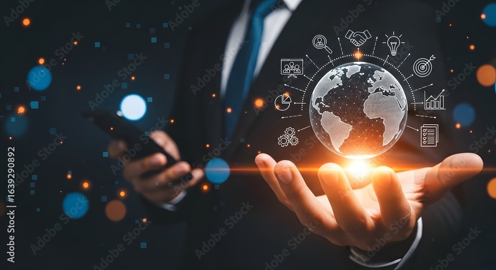 Poster global business network connection concept businessman holding world map with data icons around it