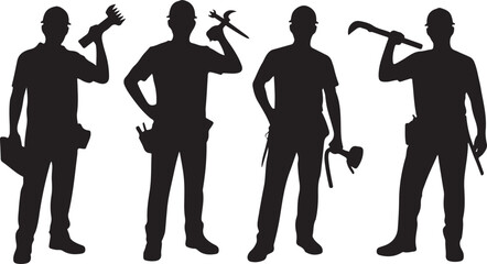 Construction Workers Silhouette Holding Tools Black on White Isolated