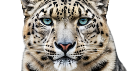 Snow leopard head close-up with piercing blue eyes, isolated on white background