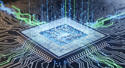 Glowing futuristic computer chip with energy streams