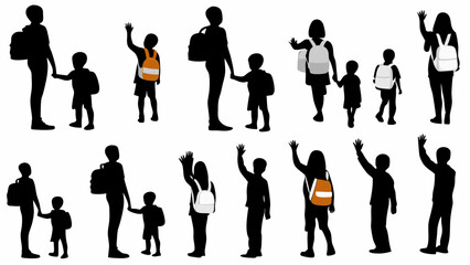 Fototapeta premium Silhouettes of children and adults with backpacks waving goodbye on a white background in a vector style