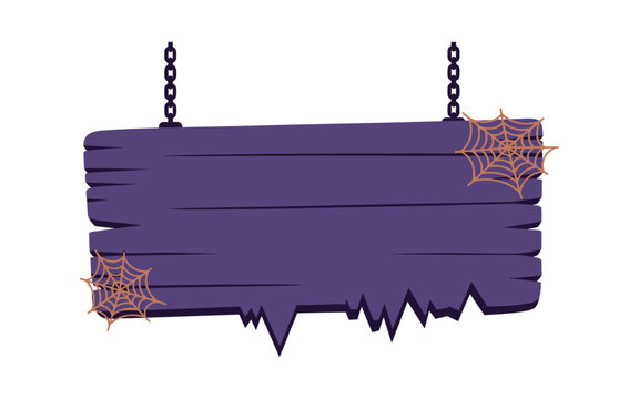 Create spooky invitations with this hanging wooden Halloween sign featuring spiderwebs, perfect for a scary fun celebration or party poster