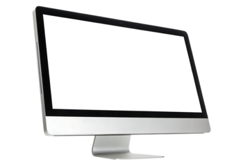 A modern desktop computer with a blank white screen displayed on a transparent background view from side created with generated ai