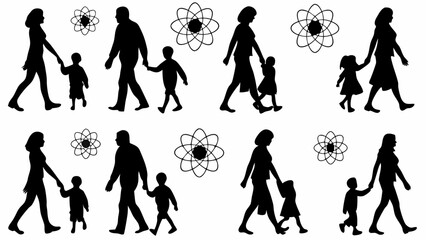 Silhouettes of families walking together with children and floral atom like designs in a repeating pattern
