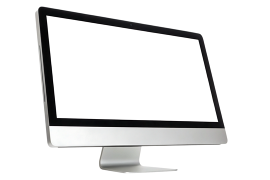 A modern desktop computer with a blank white screen displayed on a transparent background view from side created with generated ai