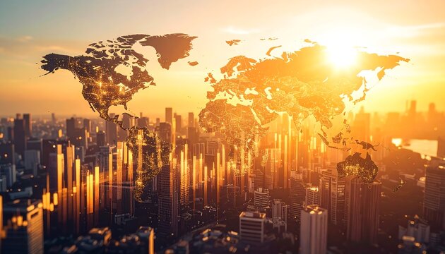 A transparent world map superimposed over a modern cityscape at sunrise, symbolizing global business and international finance.