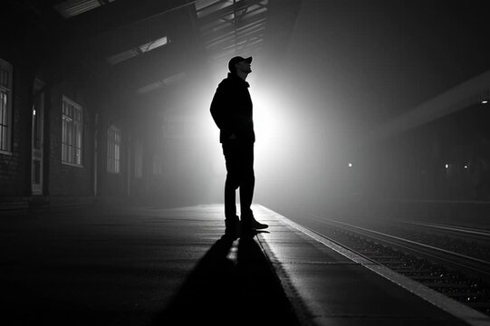 Silhouette of a solitary human figure on a deserted, dim station platform at dawn, soft light casting long contemplative shadows, creating a powerful and secretive black and white atmosphere