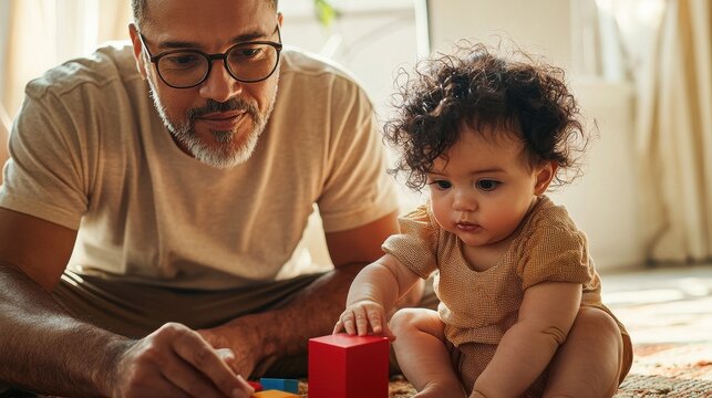 Infant discovery as curious toddler with curly hair explores colorful wooden blocks while father with glasses provides gentle guidance during playtime