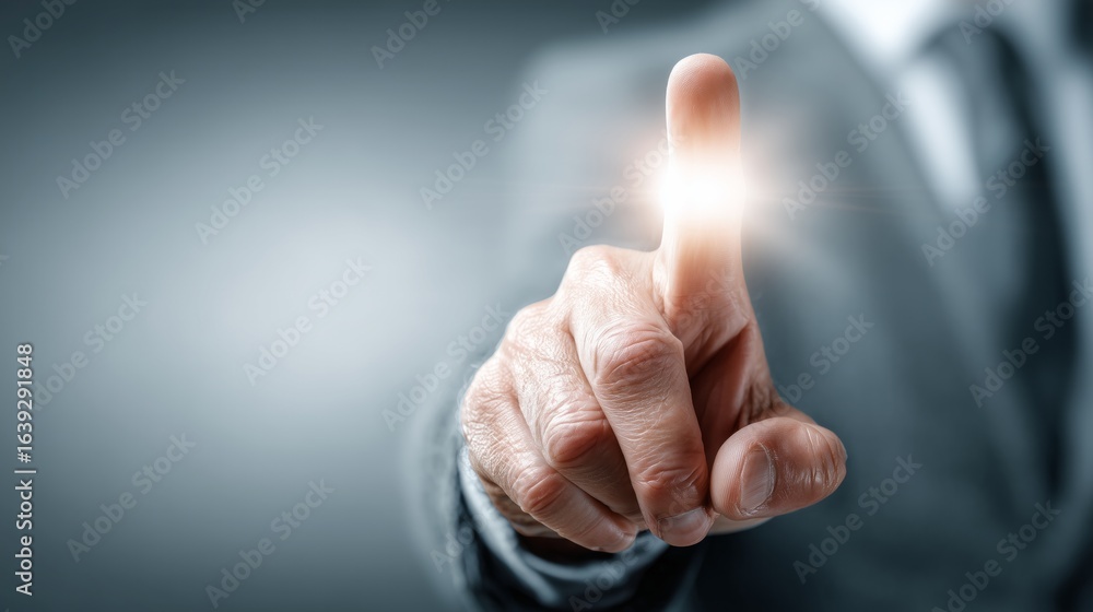 Poster close up of businessman is touching virtual screen with glowing fingertip with copy space