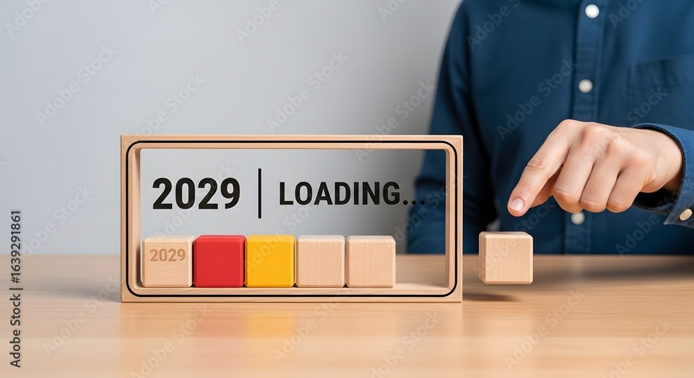 Poster preparing for the future: visualizing the year 2029 with loading bar concept and wooden blocks
