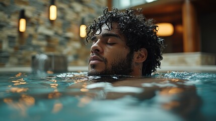 Relaxing contrast bath wellness experience with young male enjoying therapeutic water immersion in premium spa environment
