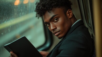 Subway readers commuter holding tablet young Black man in casual attire seated by window during urban transit journey