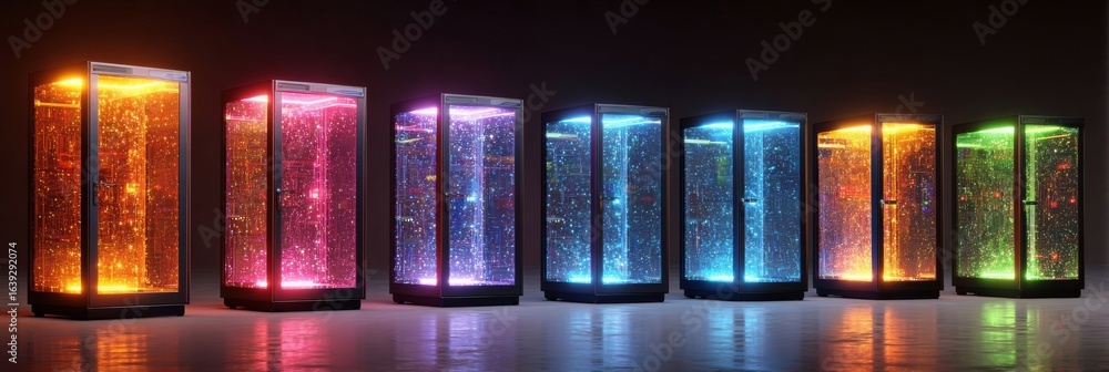 Aufkleber colorful illuminated glass display cases arranged in a row with vibrant bubbles and lights at a mode