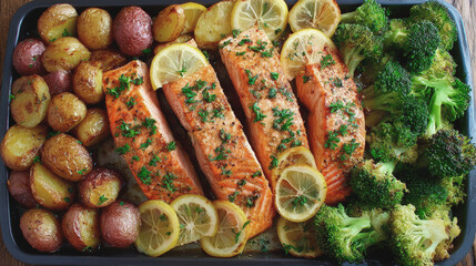 Baked salmon fillets with lemon, roasted potatoes and broccoli, garnished with fresh parsley in a sheet pan for a healthy meal.