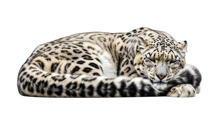 Fototapeta premium Snow leopard resting with curled tail and soft shadows, isolated on white background