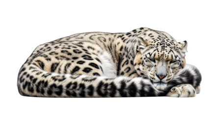 Snow leopard resting with curled tail and soft shadows, isolated on white background