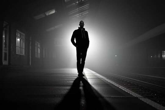 Silhouette of a solitary human figure on a deserted, dim station platform at dawn, soft light casting long contemplative shadows, creating a powerful and secretive black and white atmosphere